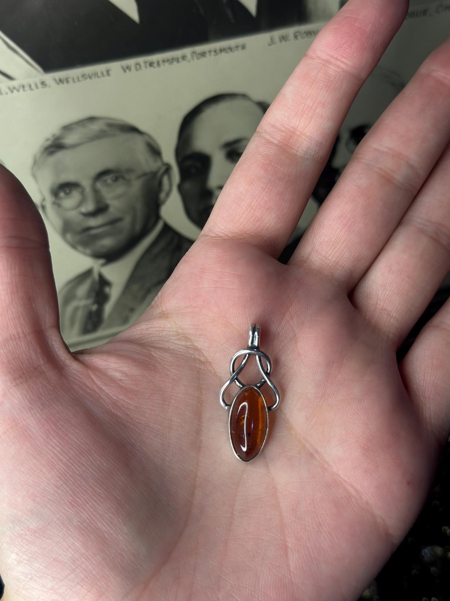 Gorgeous Amber Sterling Silver Necklace Filagree Art Noveau Pendant