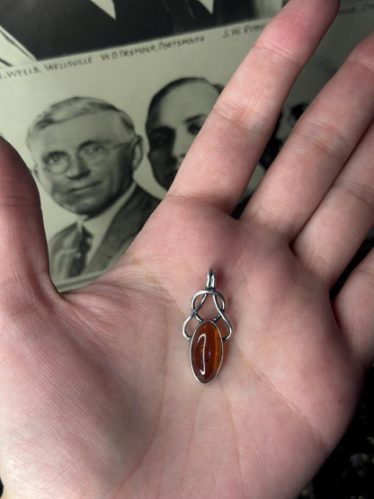 Gorgeous Amber Sterling Silver Necklace Filagree Art Noveau Pendant