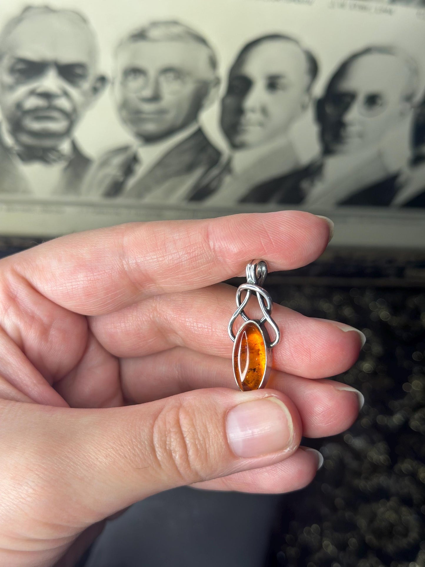 Gorgeous Amber Sterling Silver Necklace Filagree Art Noveau Pendant