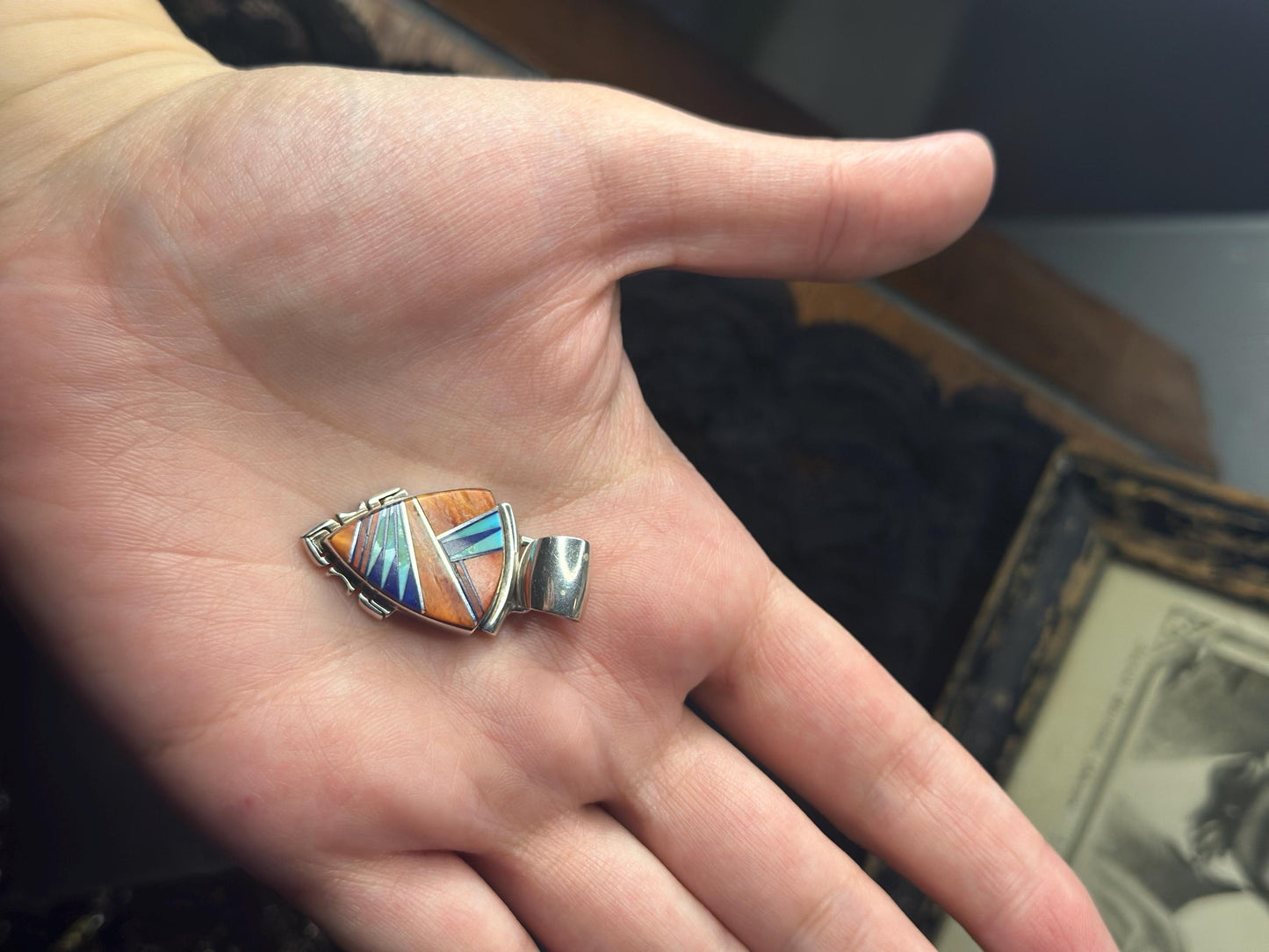 Vintage Navajo Sterling Silver Multi Stone Turquoise Spiny Oyster and Lapis Rare Navajo Jewelry Arrowhead Pendant