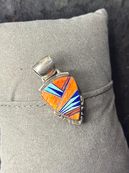 Vintage Navajo Sterling Silver Multi Stone Turquoise Spiny Oyster and Lapis Rare Navajo Jewelry Arrowhead Pendant