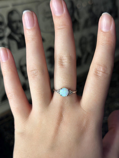 Faux Created Opal Sterling Silver Ring with CZ Size 7 Vintage Style Dainty Womens Ring October