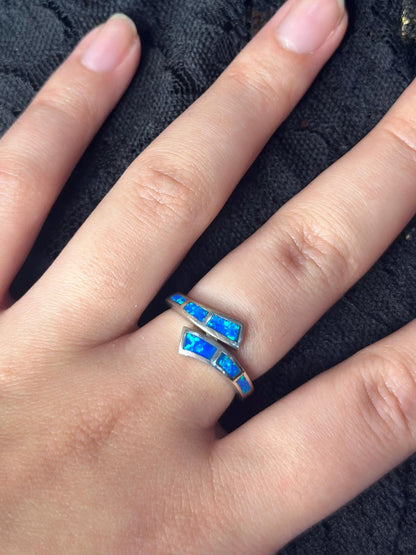 Created Blue Opal Sterling Silver Overlap Ring Size 7