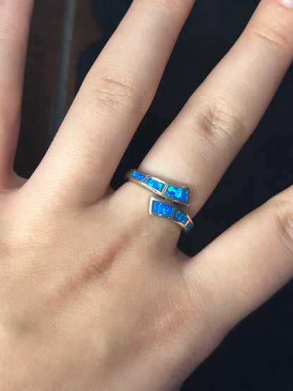Created Blue Opal Sterling Silver Overlap Ring Size 7