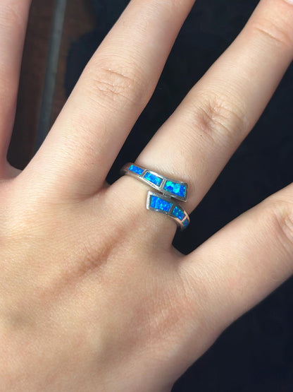 Created Blue Opal Sterling Silver Overlap Ring Size 7