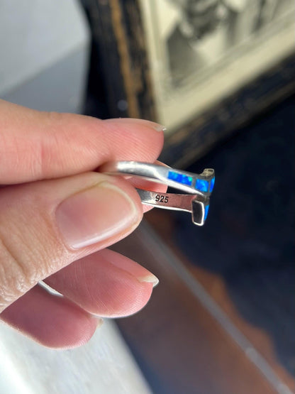 Created Blue Opal Sterling Silver Overlap Ring Size 7