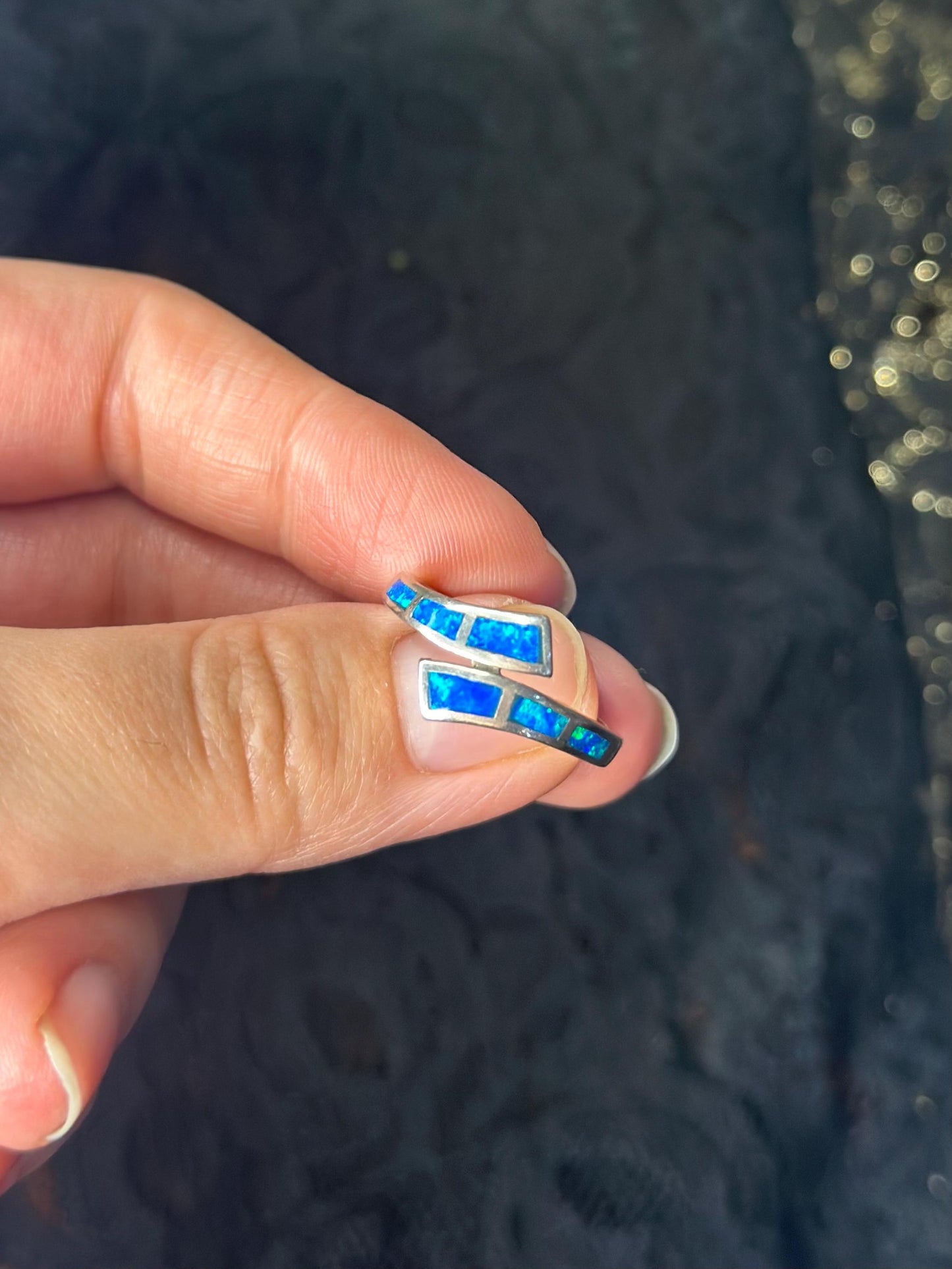 Created Blue Opal Sterling Silver Overlap Ring Size 7