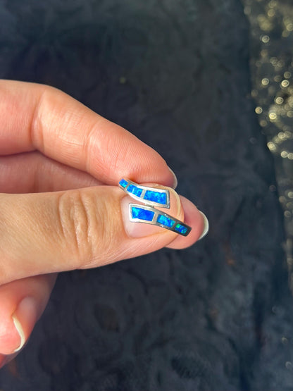 Created Blue Opal Sterling Silver Overlap Ring Size 7