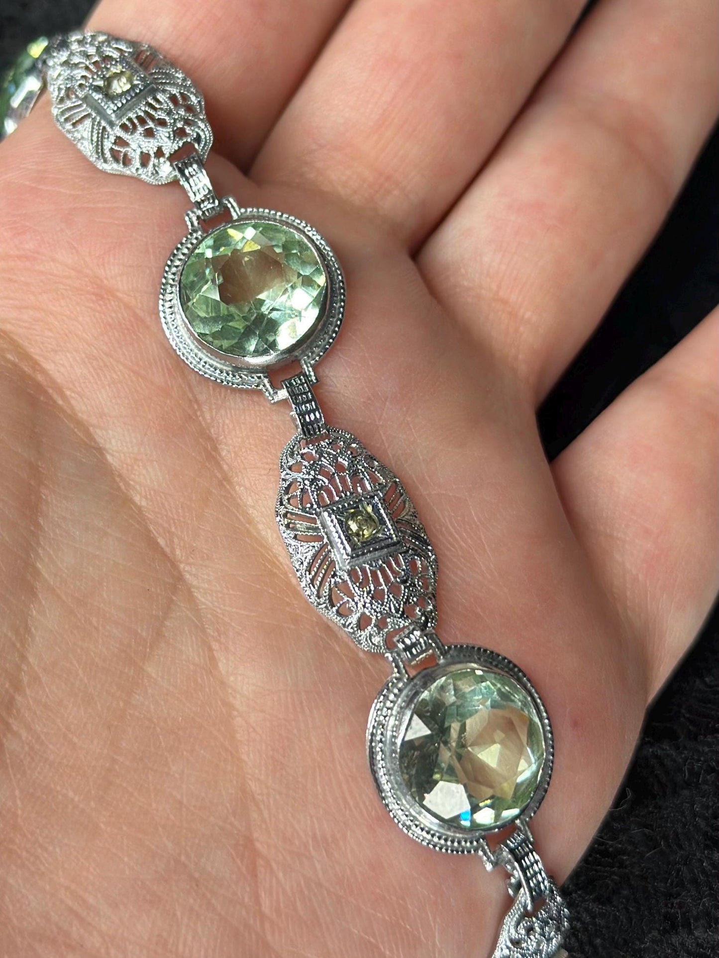 Art Deco Revival Vintage Inspired Silver Filagree Faceted Green Amethyst Bracelet