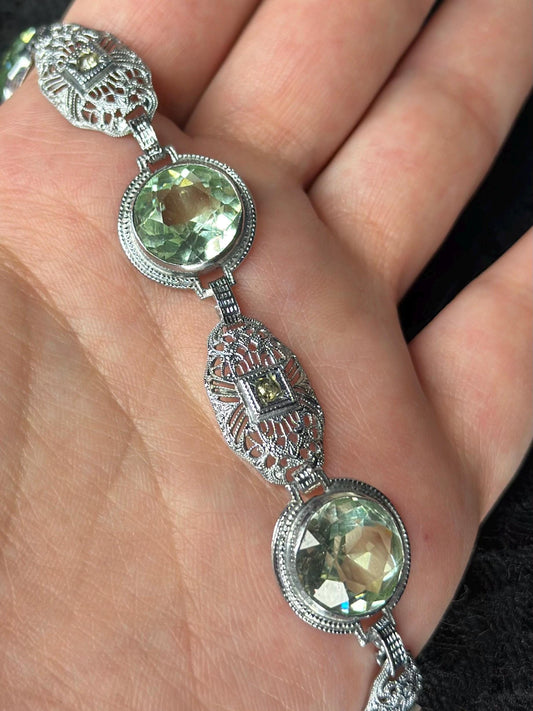 Art Deco Revival Vintage Inspired Silver Filagree Faceted Green Amethyst Bracelet