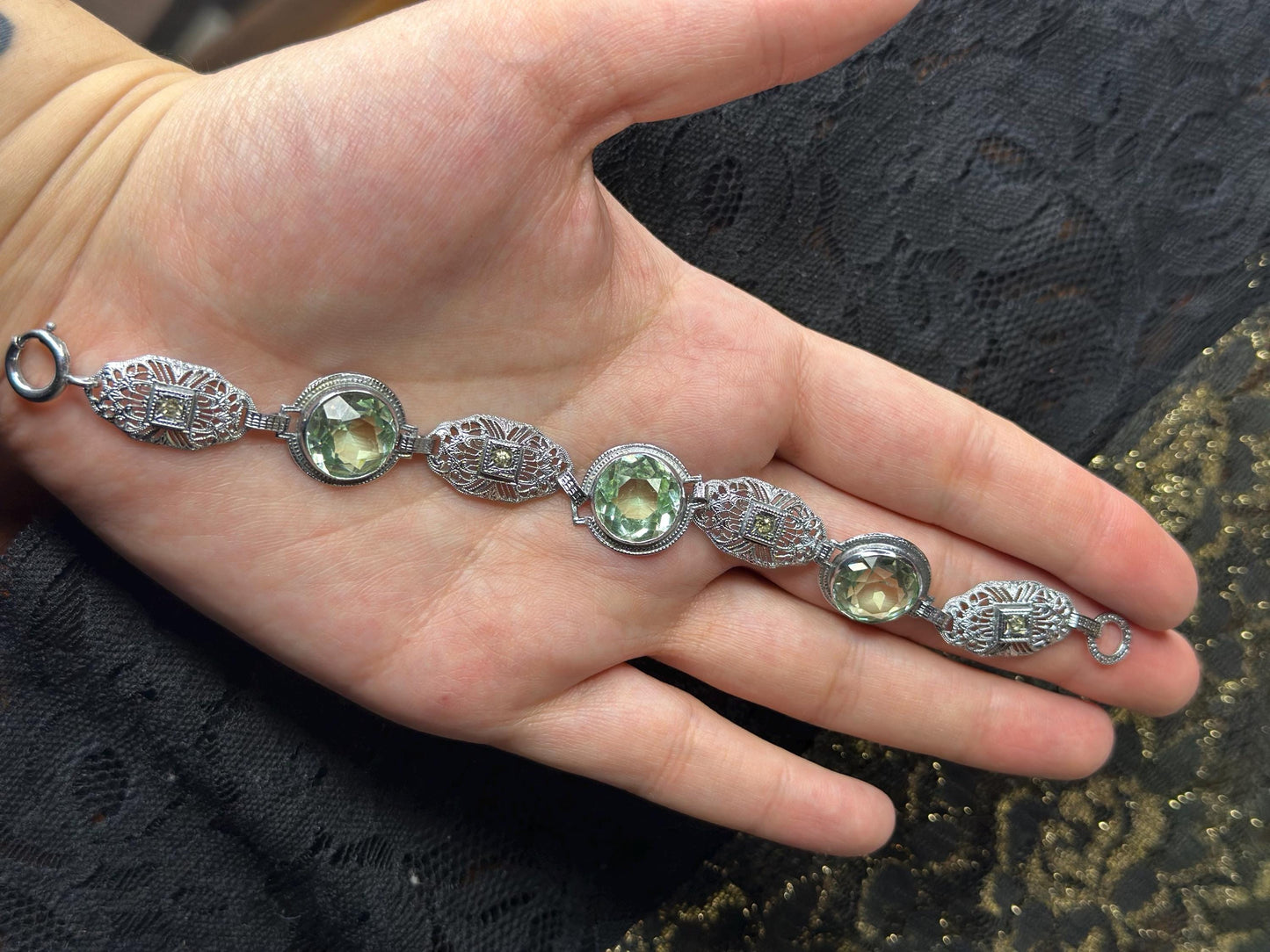 Art Deco Revival Vintage Inspired Silver Filagree Faceted Green Amethyst Bracelet