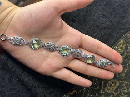 Art Deco Revival Vintage Inspired Silver Filagree Faceted Green Amethyst Bracelet