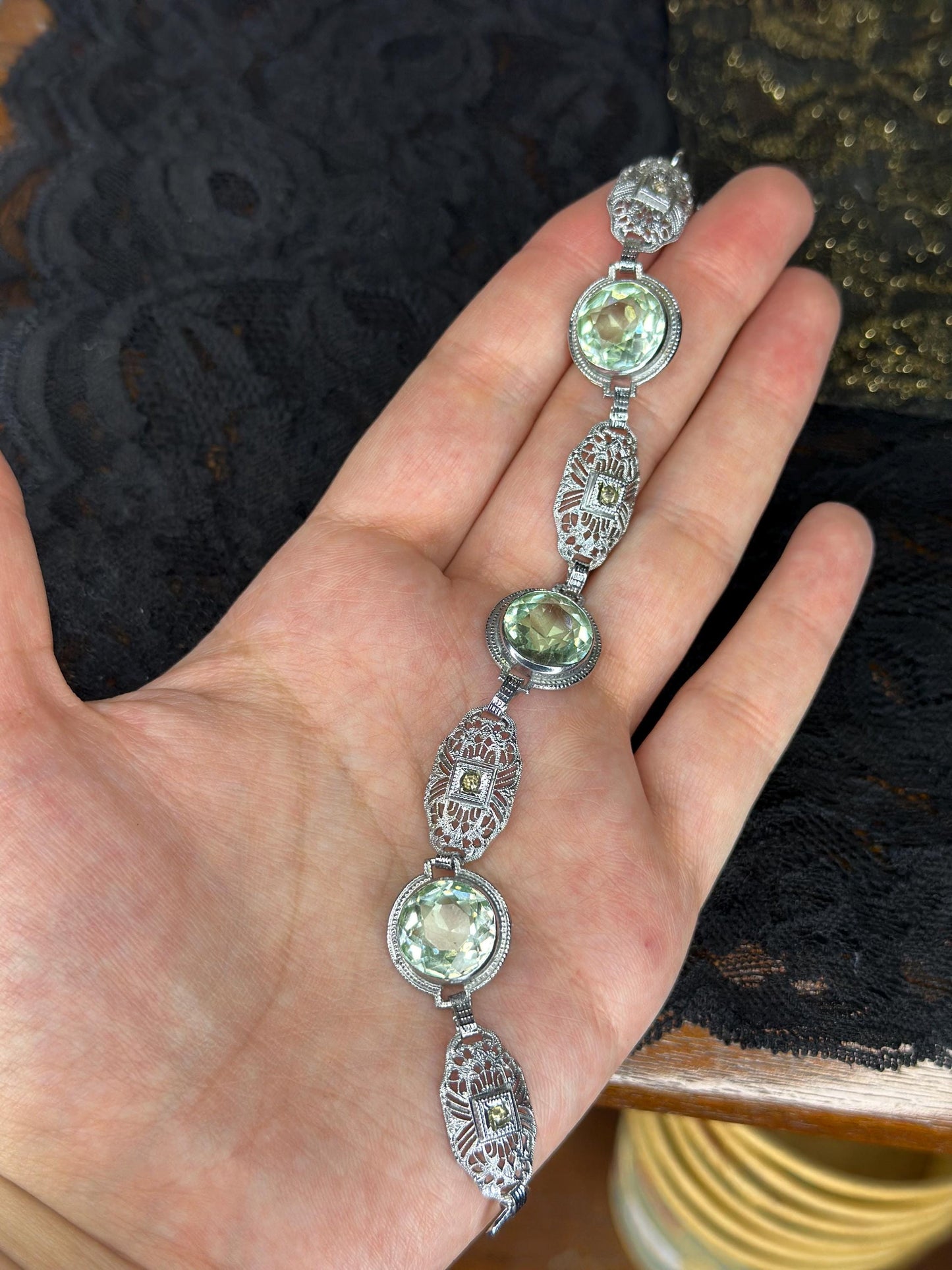Art Deco Revival Vintage Inspired Silver Filagree Faceted Green Amethyst Bracelet