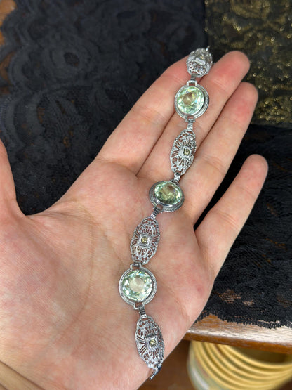 Art Deco Revival Vintage Inspired Silver Filagree Faceted Green Amethyst Bracelet