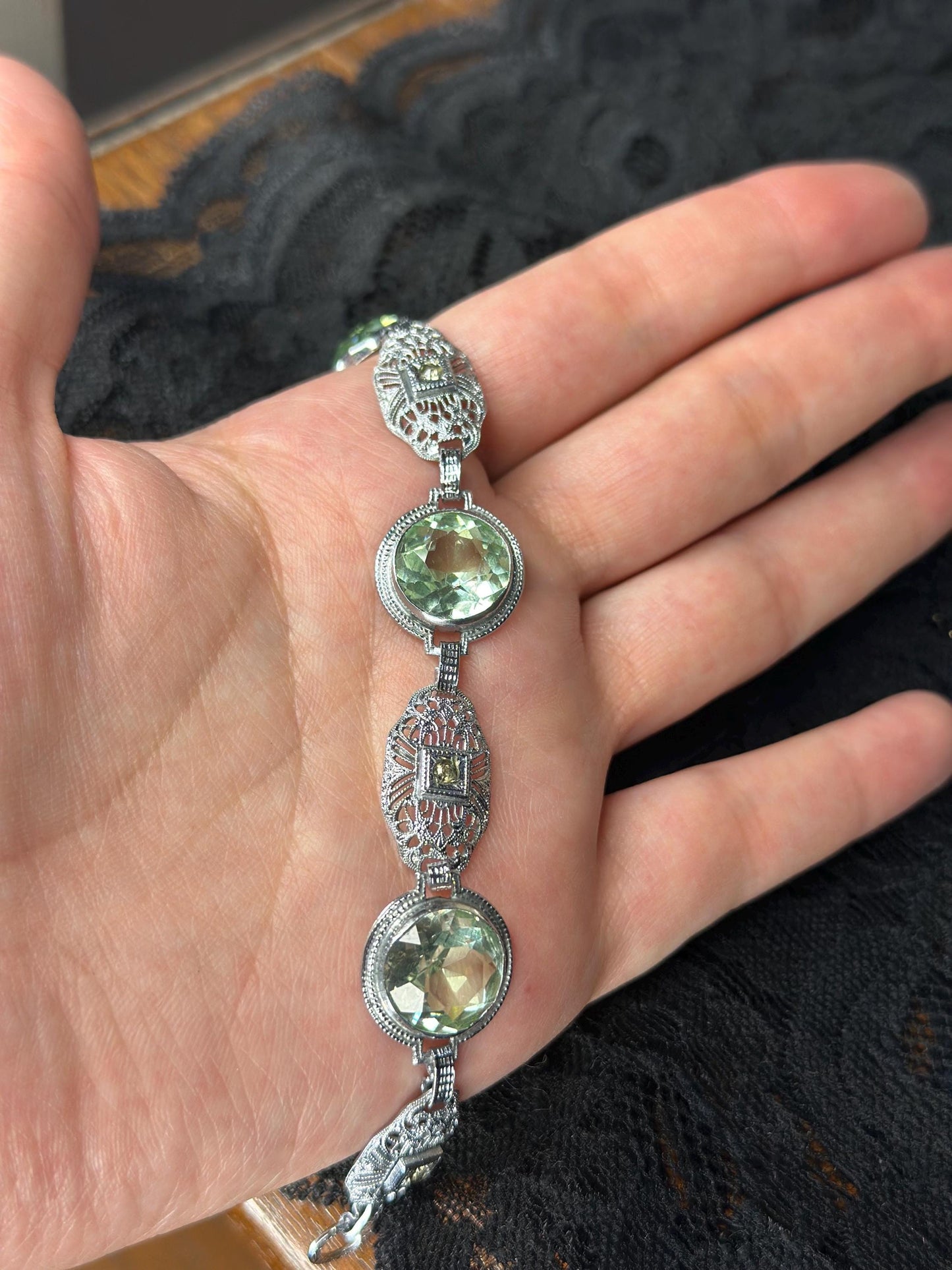 Art Deco Revival Vintage Inspired Silver Filagree Faceted Green Amethyst Bracelet