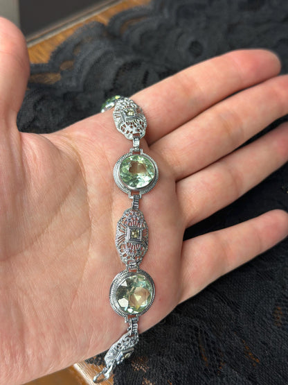 Art Deco Revival Vintage Inspired Silver Filagree Faceted Green Amethyst Bracelet