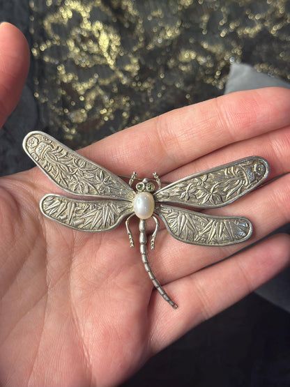 Sterling Silver Whimsigoth Pearl and Rhinestone Accented with Leaves Filigree Brooch