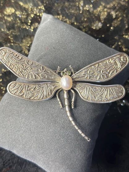 Sterling Silver Whimsigoth Pearl and Rhinestone Accented with Leaves Filigree Brooch