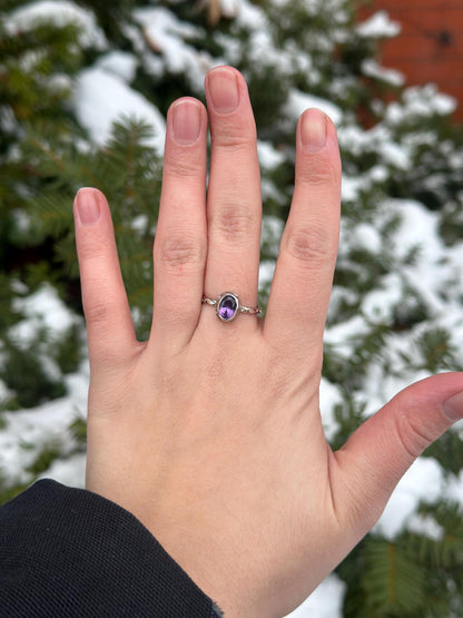 Vintage Faceted Sterling Silver Amethyst Ring Filagree Size 7.5