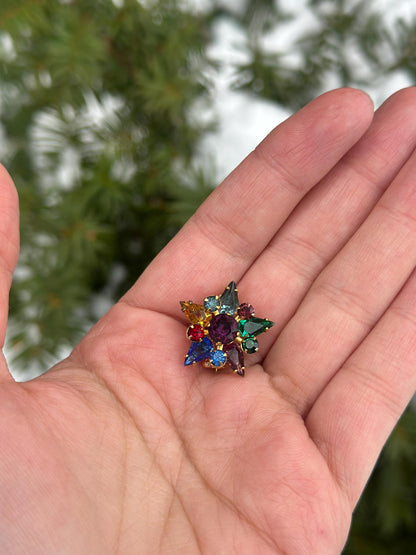 1950's Small Star Gold Tone Fruit Salad Faceted Rhinestone Brooch Small Star Christmas