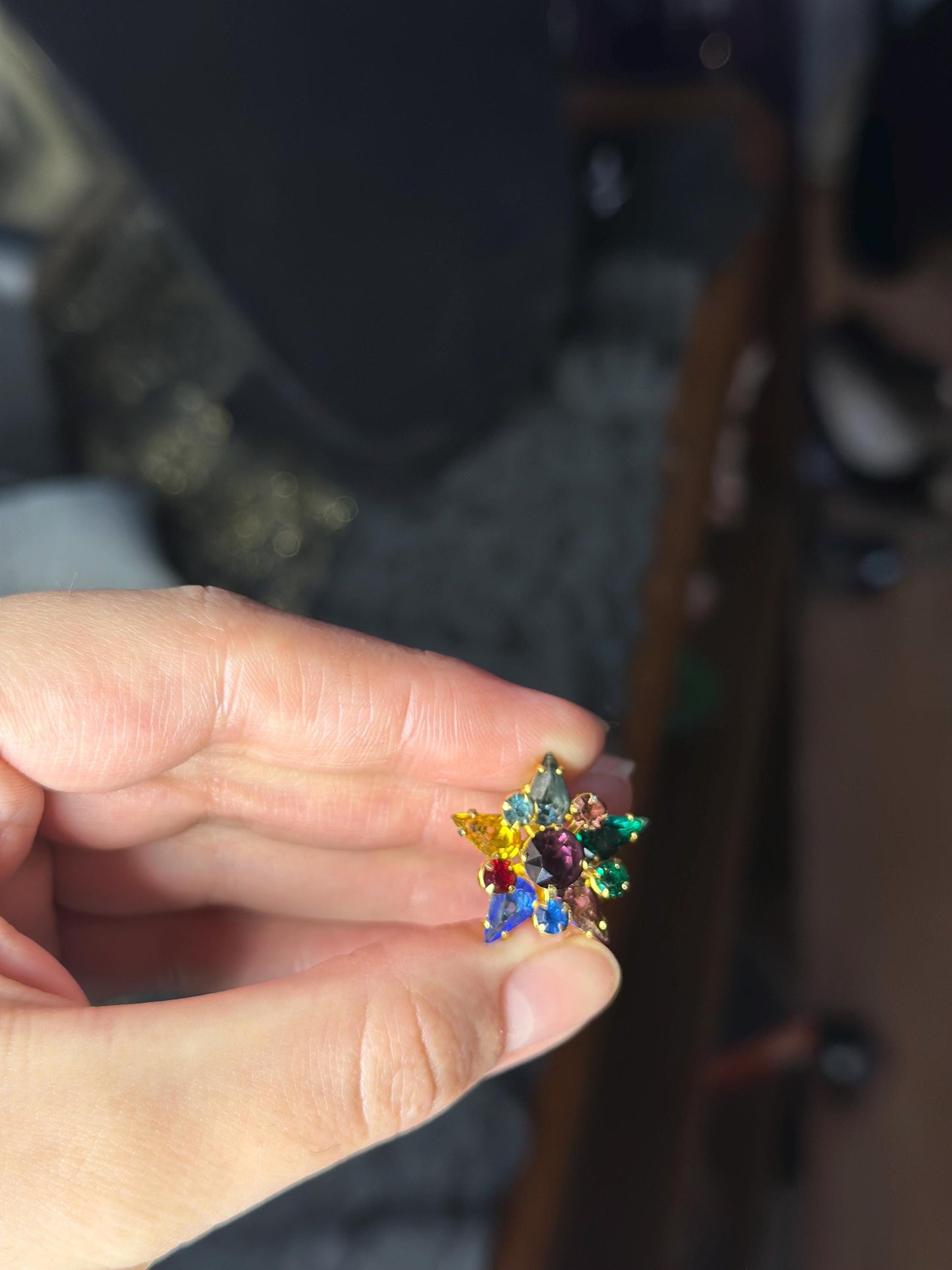 1950's Small Star Gold Tone Fruit Salad Faceted Rhinestone Brooch Small Star Christmas