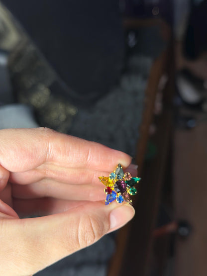 1950's Small Star Gold Tone Fruit Salad Faceted Rhinestone Brooch Small Star Christmas