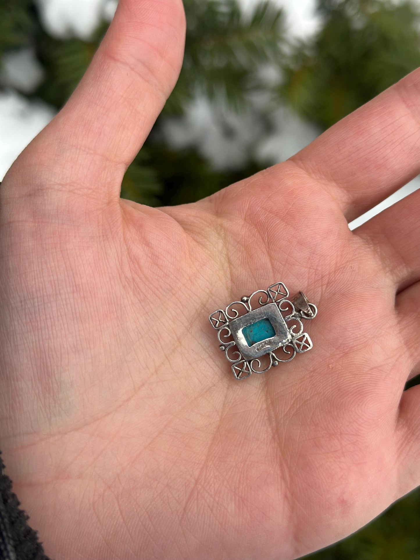 Vintage Sterling Silver Whimsigoth Filigree Turquoise Charm Pendant Necklace
