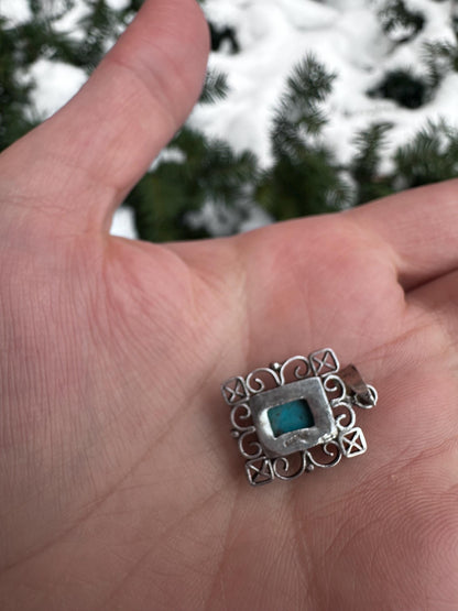 Vintage Sterling Silver Whimsigoth Filigree Turquoise Charm Pendant Necklace