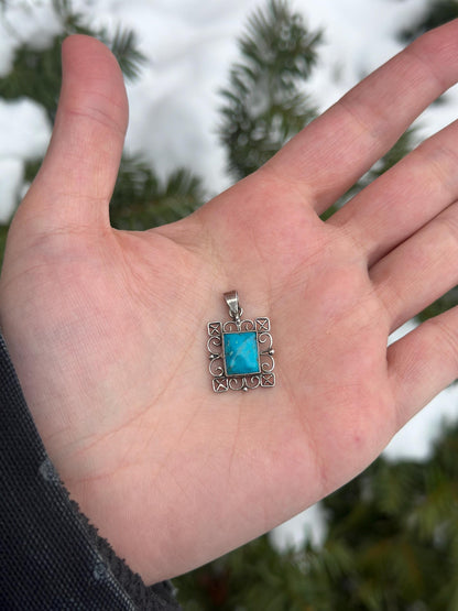 Vintage Sterling Silver Whimsigoth Filigree Turquoise Charm Pendant Necklace
