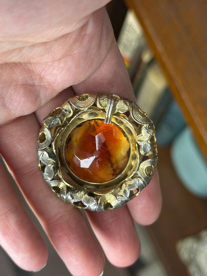 1950's Hollywood Regency Vintage Iridescent Gold Faceted Hollywood Regency Huge Brooch