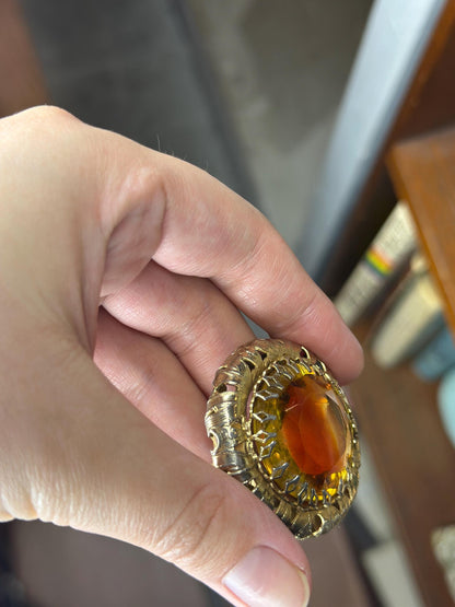 1950's Hollywood Regency Vintage Iridescent Gold Faceted Hollywood Regency Huge Brooch