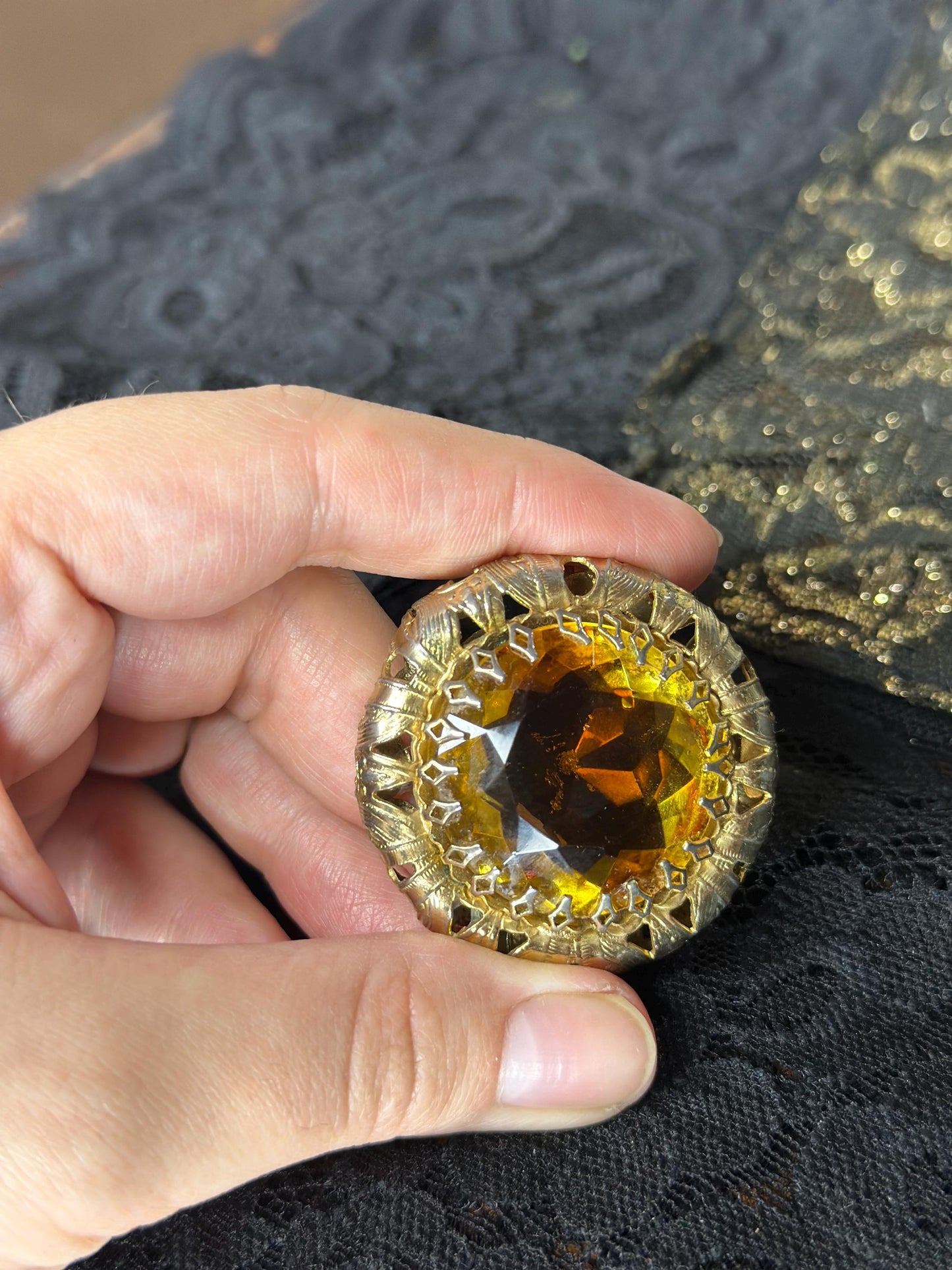 1950's Hollywood Regency Vintage Iridescent Gold Faceted Hollywood Regency Huge Brooch