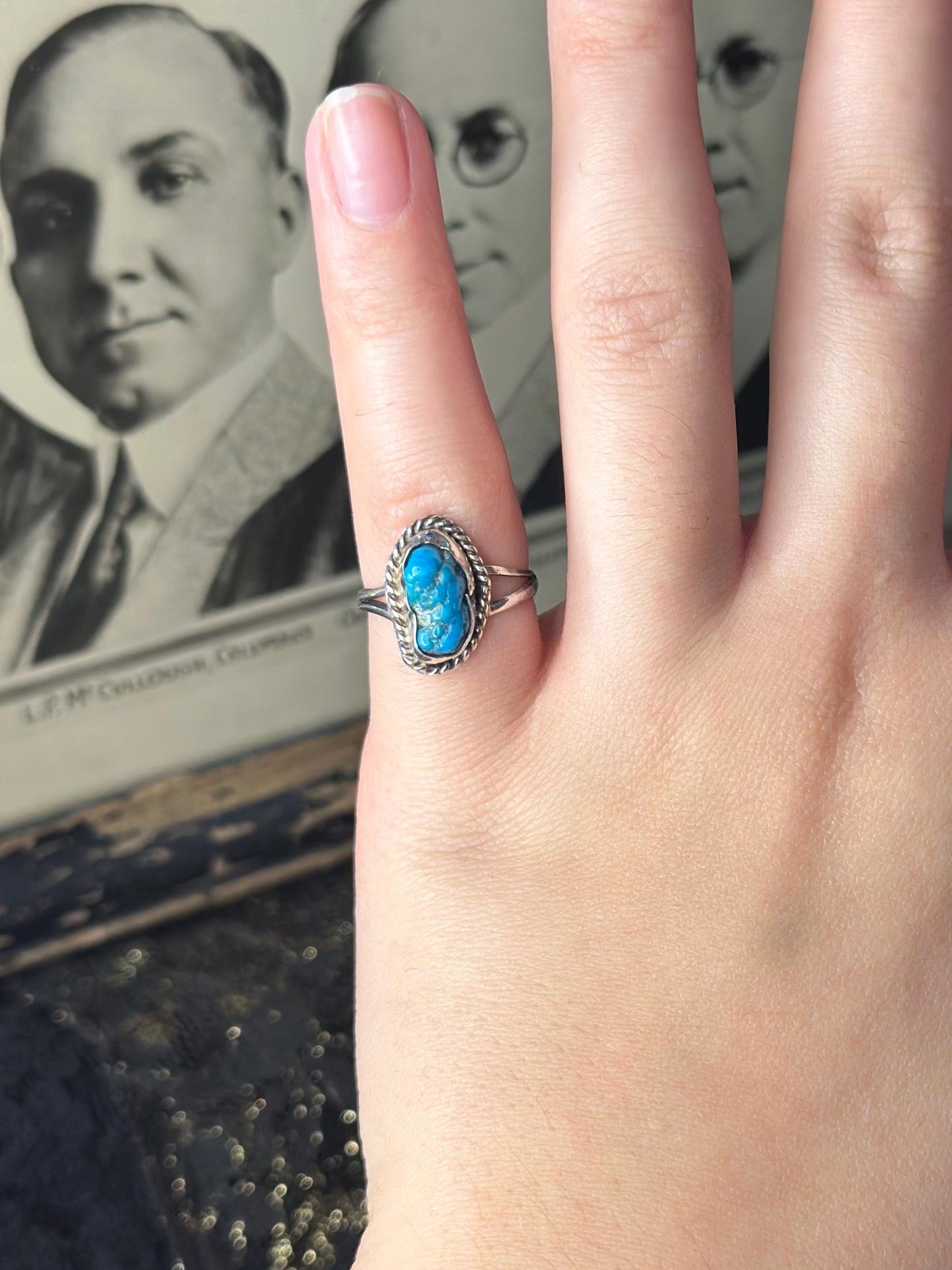 Vintage Raw Pretty Dainty Turquoise Sterling Silver Small Ring Womens Ring Small Size 4.5-5