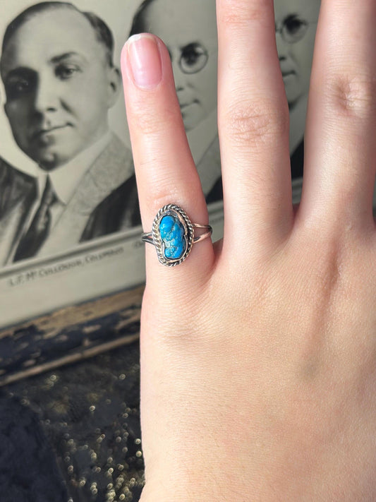Vintage Raw Pretty Dainty Turquoise Sterling Silver Small Ring Womens Ring Small Size 4.5-5
