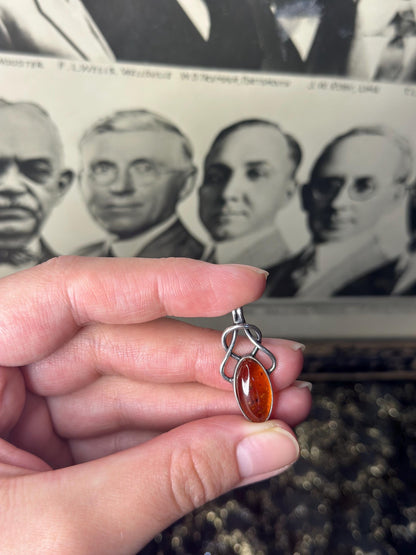 Gorgeous Amber Sterling Silver Necklace Filagree Art Noveau Pendant
