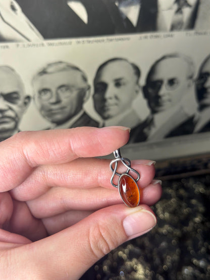 Gorgeous Amber Sterling Silver Necklace Filagree Art Noveau Pendant