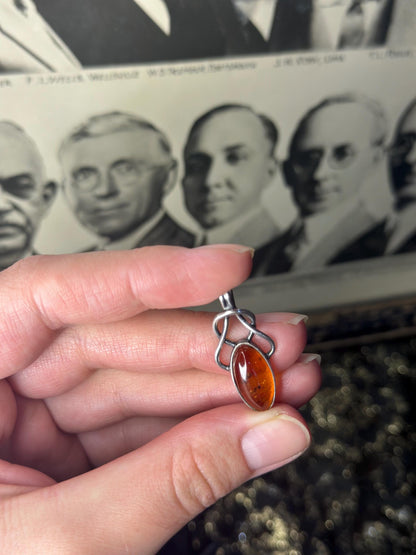 Gorgeous Amber Sterling Silver Necklace Filagree Art Noveau Pendant