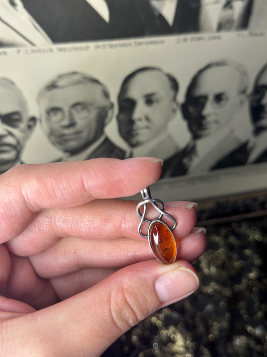 Gorgeous Amber Sterling Silver Necklace Filagree Art Noveau Pendant