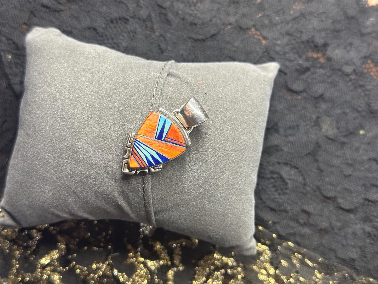 Vintage Navajo Sterling Silver Multi Stone Turquoise Spiny Oyster and Lapis Rare Navajo Jewelry Arrowhead Pendant