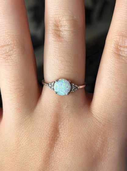 Faux Created Opal Sterling Silver Ring with CZ Size 7 Vintage Style Dainty Womens Ring October