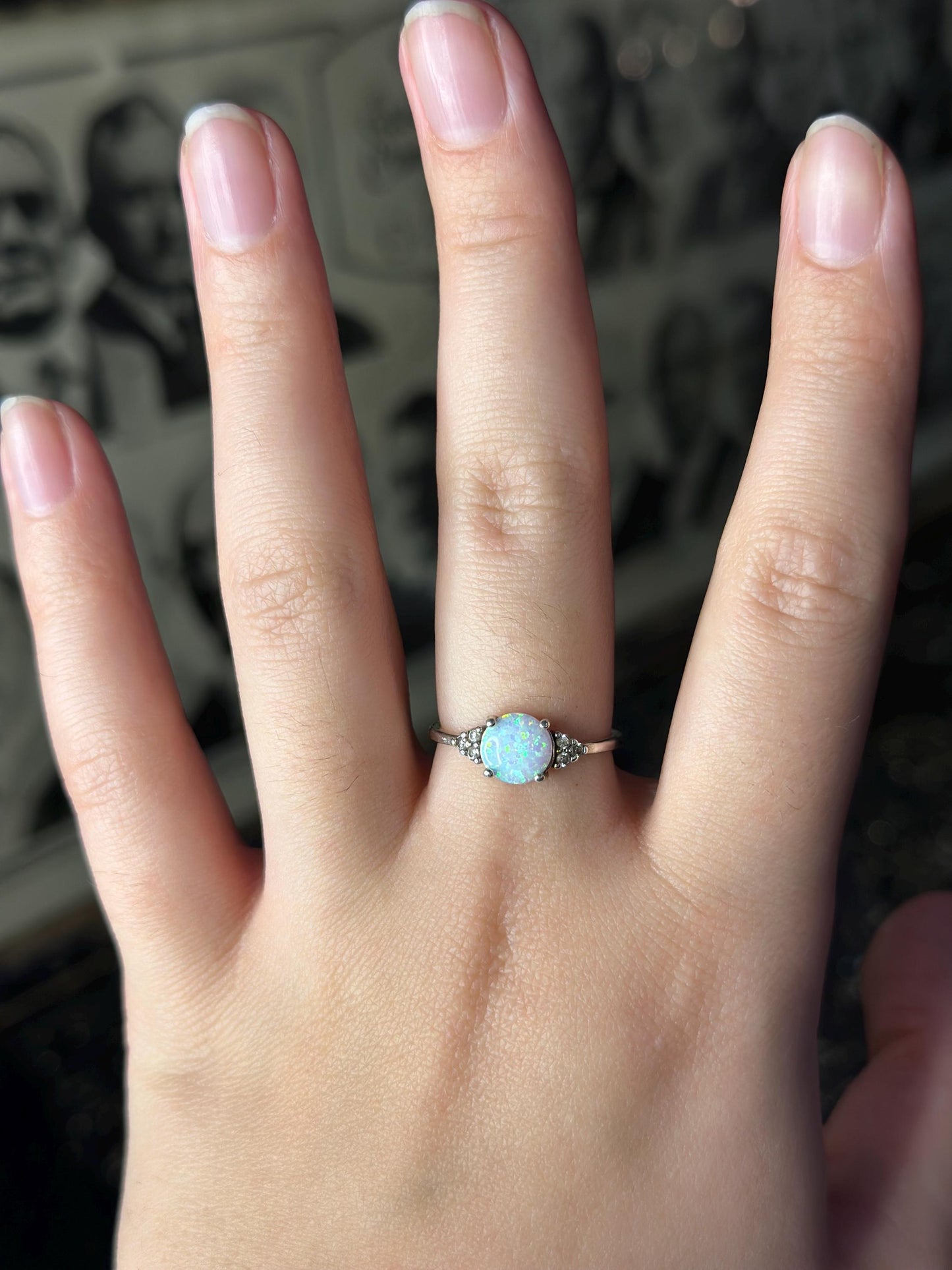 Faux Created Opal Sterling Silver Ring with CZ Size 7 Vintage Style Dainty Womens Ring October
