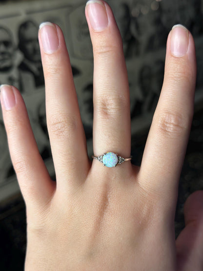 Faux Created Opal Sterling Silver Ring with CZ Size 7 Vintage Style Dainty Womens Ring October