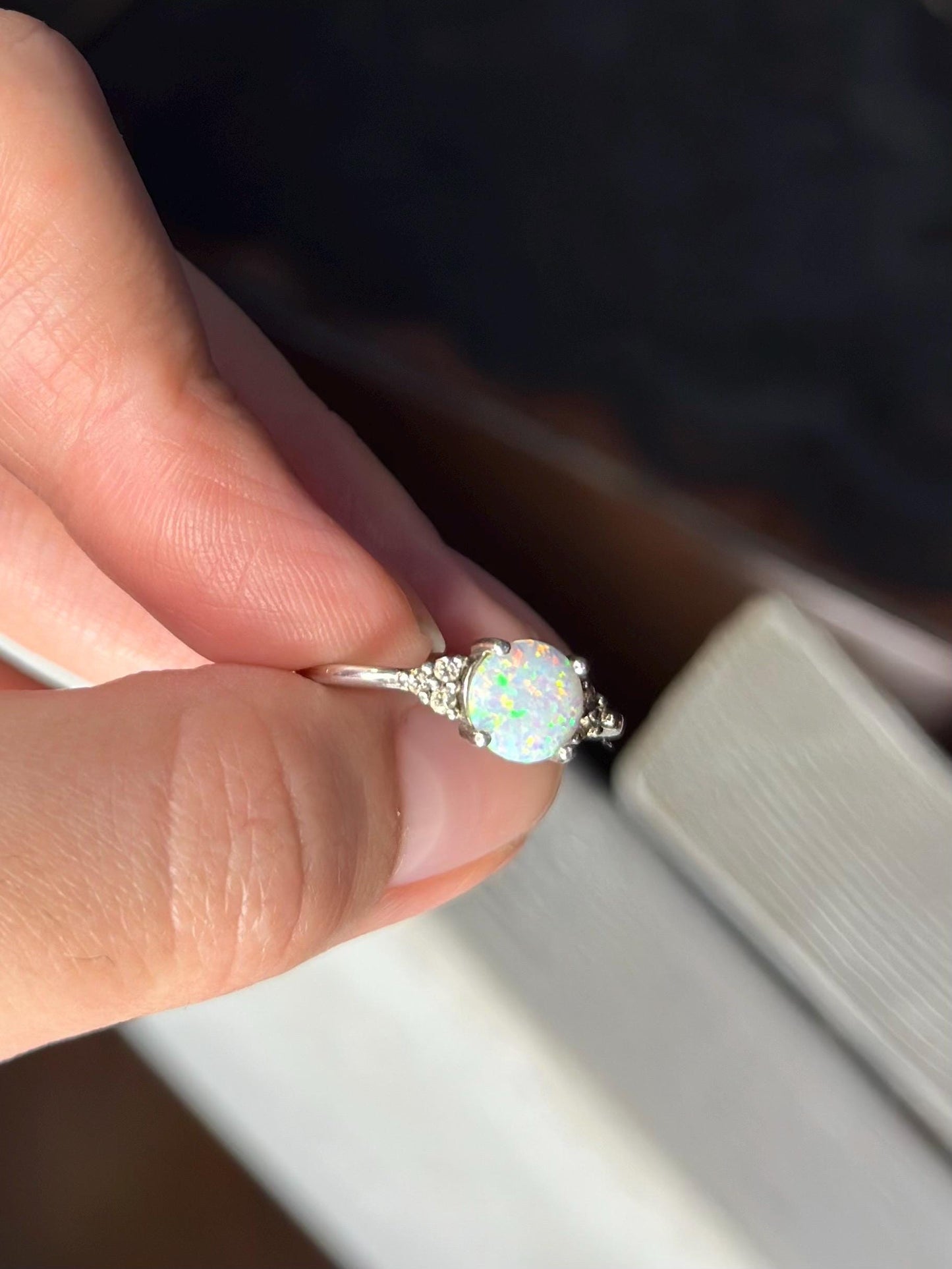 Faux Created Opal Sterling Silver Ring with CZ Size 7 Vintage Style Dainty Womens Ring October