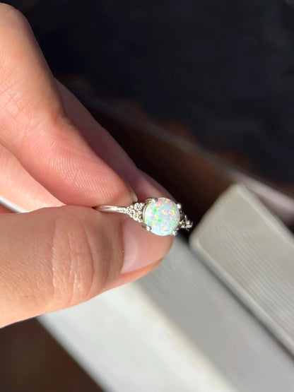 Faux Created Opal Sterling Silver Ring with CZ Size 7 Vintage Style Dainty Womens Ring October