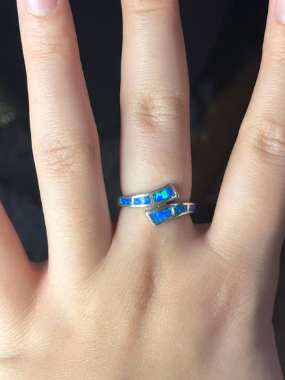 Created Blue Opal Sterling Silver Overlap Ring Size 7
