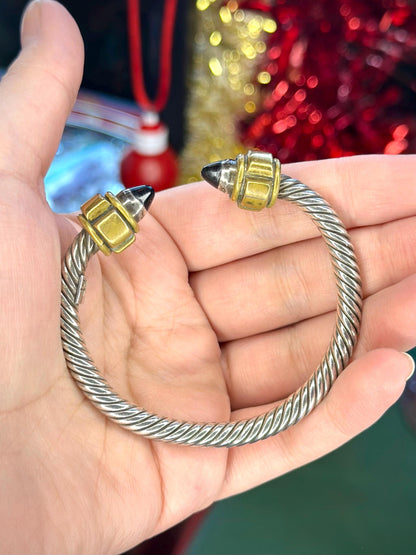 Vintage Mexican Art Deco Avant Garde Sterling Silver Twisted Cable Rope Cuff with Brass and Onyx