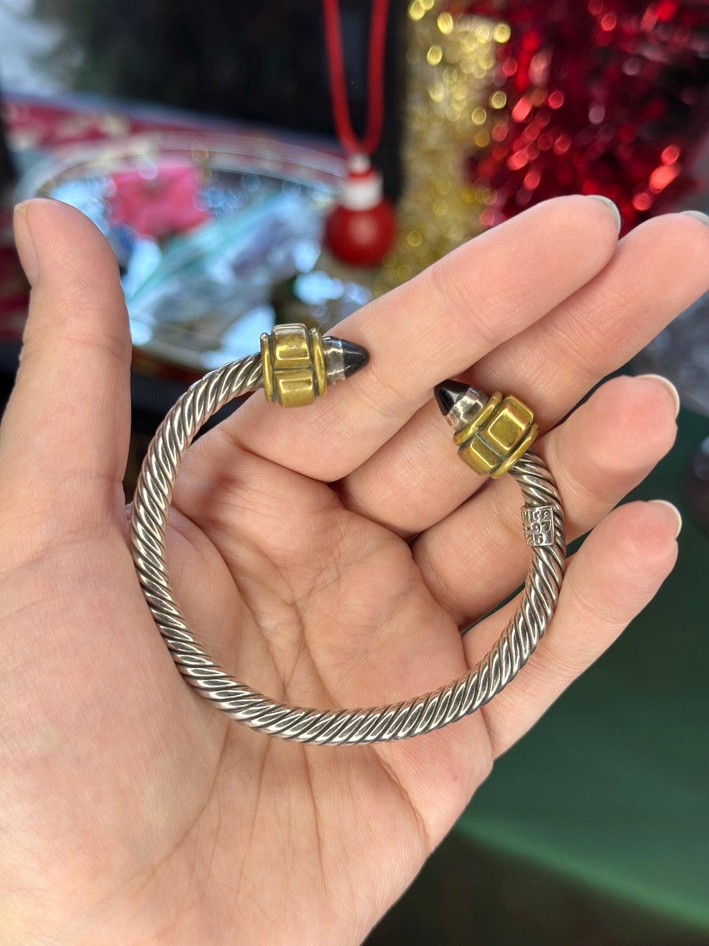 Vintage Mexican Art Deco Avant Garde Sterling Silver Twisted Cable Rope Cuff with Brass and Onyx