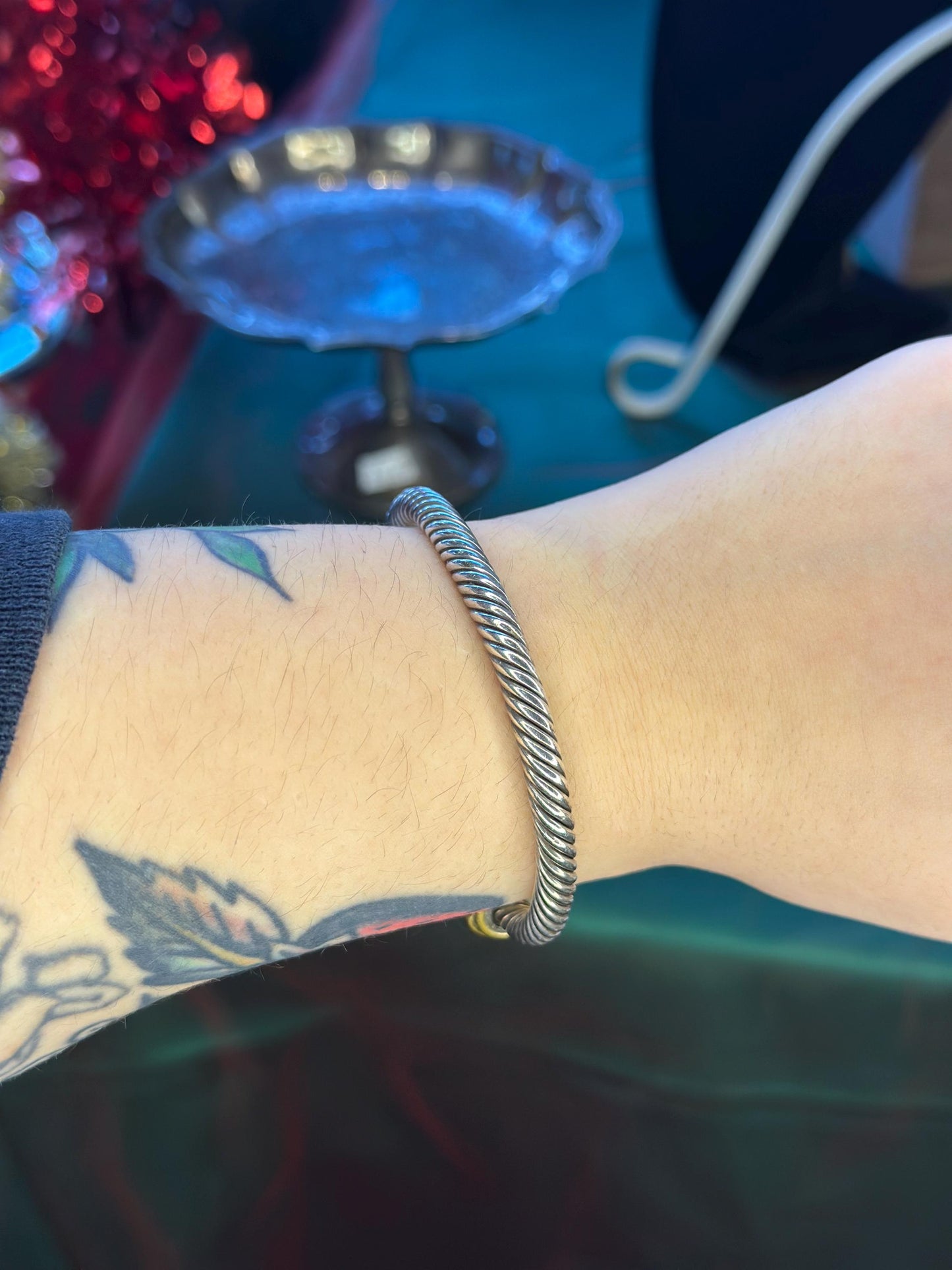 Vintage Mexican Art Deco Avant Garde Sterling Silver Twisted Cable Rope Cuff with Brass and Onyx