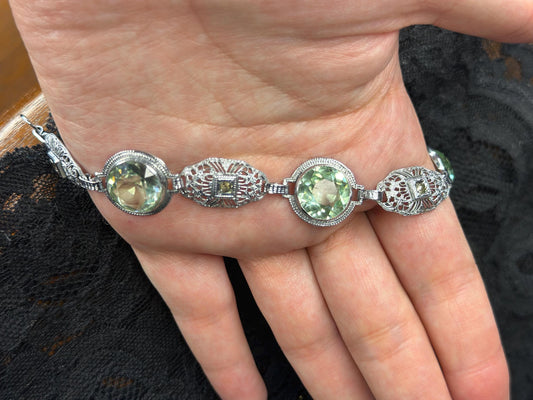 Art Deco Revival Vintage Inspired Silver Filagree Faceted Green Amethyst Bracelet