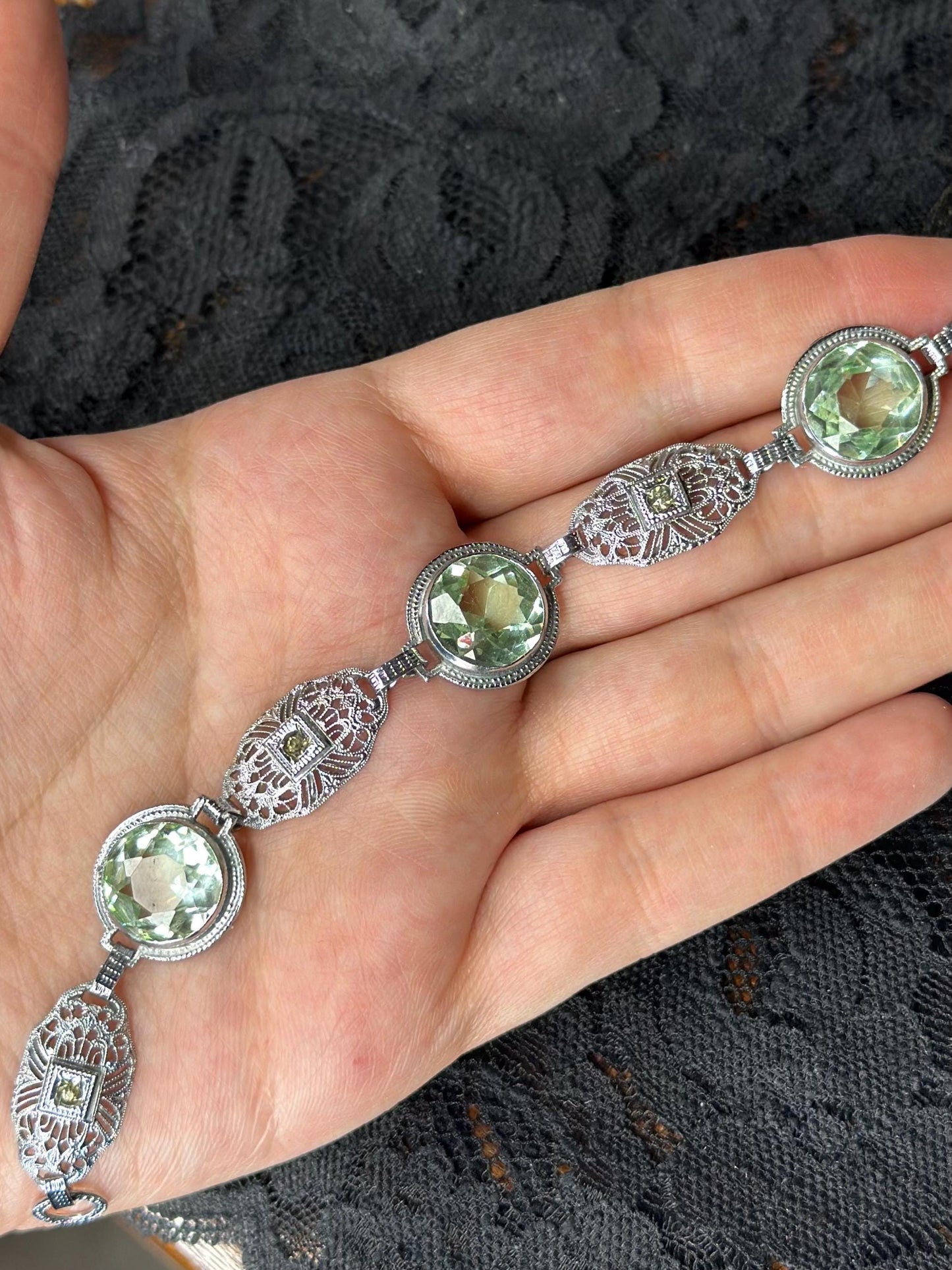 Art Deco Revival Vintage Inspired Silver Filagree Faceted Green Amethyst Bracelet